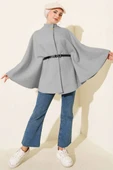 Tek Düğmeli Kemerli Kaşe Panço Gri thumbnail 2