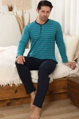 Yatay Çizgili Düğme Detaylı Erkek Pijama Takımı Petrol thumbnail 2