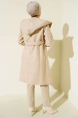 Kuşaklı Kapüşonlu Kaşe Kaban Bej thumbnail 3