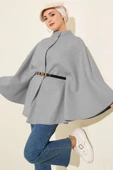 Tek Düğmeli Kemerli Kaşe Panço Gri thumbnail 1