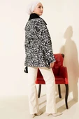 Leopar Desen Kadife Yaka Trençkot Siyah thumbnail 3