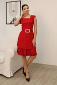 Tek Omuzlu Eteği Piliseli Kemerli Midi Elbise 2373-Kırmızı thumbnail 1