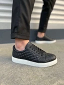 JY166 Prestige Bağcıklı Cilt Kapitone Desenli Erkek Günlük Sneaker Ayakkabı CBT - Siyah thumbnail 1
