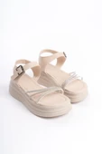 EVA Kalın Tokalı Taşlı Şeritli Ortopedik Taban Kadın Sandalet  CKT - Krem thumbnail 4