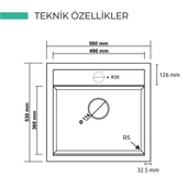 RealStone Olympos K004 56 Tek Gözlü Antrasit Granit Eviye thumbnail 3