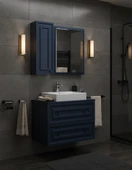 Perge 80 Cm Lavabo Dolabı Mat Safir Blue Led Ayna ve Ayna Yan Dolap Seti thumbnail 4
