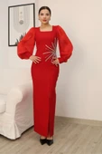 Taş Süslemeli Kare Yaka Balon Kol Yırtmaçlı Abiye Elbise 2345-Kırmızı thumbnail 2