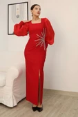Taş Süslemeli Kare Yaka Balon Kol Yırtmaçlı Abiye Elbise 2345-Kırmızı thumbnail 1