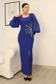 Taş Süslemeli Kare Yaka Balon Kol Yırtmaçlı Abiye Elbise 2345-Saks thumbnail 1