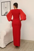 Taş Süslemeli Kare Yaka Balon Kol Yırtmaçlı Abiye Elbise 2345-Kırmızı thumbnail 6