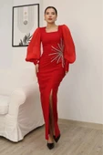 Taş Süslemeli Kare Yaka Balon Kol Yırtmaçlı Abiye Elbise 2345-Kırmızı thumbnail 3