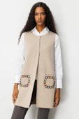 25021 DESEN TRİKO CEBİ BAYRAM ŞEKERİ TIĞLAMALI SIFIR YAKA ÖNÜ AÇIK UZUN YELEK thumbnail 3