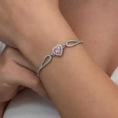 Gümüş Pembe Zirkon Taşlı Kalp Bileklik thumbnail 2