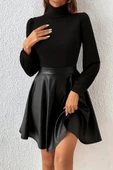 MDB Kadın Uzun Kollu Balıkçı Yaka üst Kaşkorse Alt Deri Detaylı Mini Elbise thumbnail 1