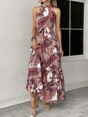 MDB Kadın Halter Yakalı Omuzlardan Açık Kuşaklı Maksi Boy Desenli Süprem Elbise thumbnail 6