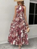 MDB Kadın Halter Yakalı Omuzlardan Açık Kuşaklı Maksi Boy Desenli Süprem Elbise thumbnail 2