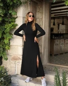 MDB Kadın Uzun Kollu Balıkçı Yaka Derin Yırtmaç Detay Krep Elbise thumbnail 7