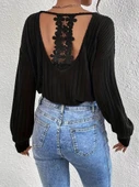 MDB Kadın Uzun Kollu V Yakalı Pencere Sırt Dantel Detaylı Kalın Fitilli Kaşkorse Bluz thumbnail 1