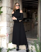 MDB Kadın Balıkçı Yaka Omuzlardan Açık Uzun Kollu Janjan Krep Elbise thumbnail 1