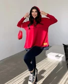 MDB Kadın Kırmızı Kapşonlu Etek Ucu Detay Arma Ters Dikiş Gorunumlu Ikili Takım thumbnail 1