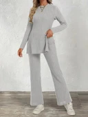 MDB Kadın Uzun Kollu Bisiklet Yaka Yandan Yırtmaçlı şardonlu Kaşkorse Bluz Ve Pantolon Ikili Takım thumbnail 2