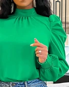 MDB Kadın Uzun Kollu Balıkçı Yaka Arkadan Bağlamalı Omuzlardan Balon Ithal Krep Bluz thumbnail 2