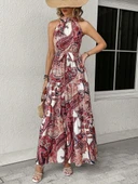 MDB Kadın Halter Yakalı Omuzlardan Açık Kuşaklı Maksi Boy Desenli Süprem Elbise thumbnail 3