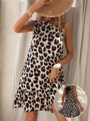 MDB Kadın Kolsuz Sırttan Bağlamalı Fırfırlı Leopar Desenli Süprem Elbise thumbnail 7
