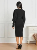 MDB Kadın Uzun Kollu Bisiklet Yaka Beli Kuşaklı Ithal Krep Midi Elbise thumbnail 3