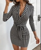 MDB Kadın Uzun Kollu Kruvaze Yaka Bağlamalı Kemer Dalgıç Mini Boy Elbise thumbnail 4