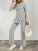 MDB Kadın Uzun Kollu Bisiklet Yaka Yandan Yırtmaçlı şardonlu Kaşkorse Bluz Ve Pantolon Ikili Takım thumbnail 4