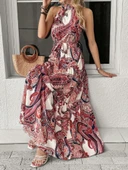 MDB Kadın Halter Yakalı Omuzlardan Açık Kuşaklı Maksi Boy Desenli Süprem Elbise thumbnail 1