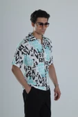 Erkek Grafiti Desenli Turkuaz Hawai Gömlek COC1151 thumbnail 3