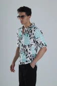 Erkek Grafiti Desenli Turkuaz Hawai Gömlek COC1151 thumbnail 2