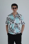 Erkek Grafiti Desenli Turkuaz Hawai Gömlek COC1151 thumbnail 1