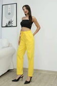 Bağlama Detaylı Beli Lastikli Pamuklu Kumaş Pantolon 6170-Sarı thumbnail 2