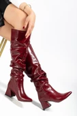 Bordo Kırışık Rugan Körüklü Kalın Topuklu Günlük Bayan Çizme thumbnail 7