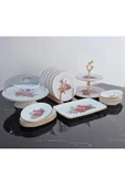Pinkev 17 Parça Seramik Pasta Sunum Tabağı Seti - Nar Çiçeği thumbnail 1
