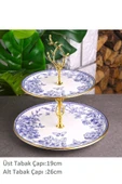 Pinkev Mavi Çiçekli Seramik Çift Katlı Kurabiyelik Pasta Sunum Tabağı Standı thumbnail 1