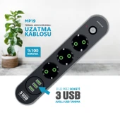 Polosmart MP19 Uzatma Kablosu 3 Prizli 3 USB'li 2 Metre Kısa Devre Korumalı Siyah thumbnail 6