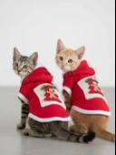 Yılbaşı Ağacı Premium Kırmızı Polar Kedi Kıyafeti | Kapüşonlu Noel Kedi Sweatshirt thumbnail 1