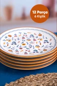Pinkev 6 Kişilik 12 Parça Turuncu Çiçek Desenli Seramik Kahvaltı Seti Takımı thumbnail 3