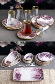 Pinkev 27 Parça 6 Kişilik Çay Bardaklı Seramik Kahvaltı Pasta Sunum Tabağı Takımı Seti - Purple thumbnail 1