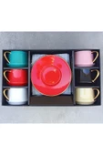 Pinkev 6 Kişilik Parlak 6 Renkli 110ml Büyük Boy Porselen Kahve Fincanı Takımı thumbnail 5