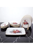 Pinkev 15 Parça 6 Kişilik Seramik Kahvaltı Pasta Sunum Tabağı Takımı - Kırmızı Çiçekli thumbnail 2