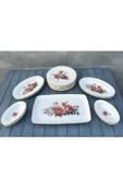 Pinkev 15 Parça 6 Kişilik Seramik Kahvaltı Pasta Sunum Tabağı Takımı - Kırmızı Çiçekli thumbnail 1