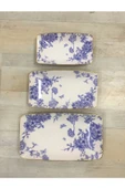 Pinkev Mavi Çiçekli 3'lü Seramik Kayık Servis Sunum Tabak Seti thumbnail 2