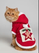 Yıldız Desenli Premium Yılbaşı Kedi Kıyafeti Yıldız Desenli Kırmızı Polar | Kapüşonlu Noel Kedi Kostümü | Kurabiye Temalı thumbnail 8