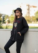 Fermuarlı Leopar Baskılı Oversize Siyah Sweat thumbnail 5