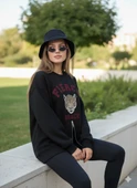 Fermuarlı Leopar Baskılı Oversize Siyah Sweat thumbnail 6